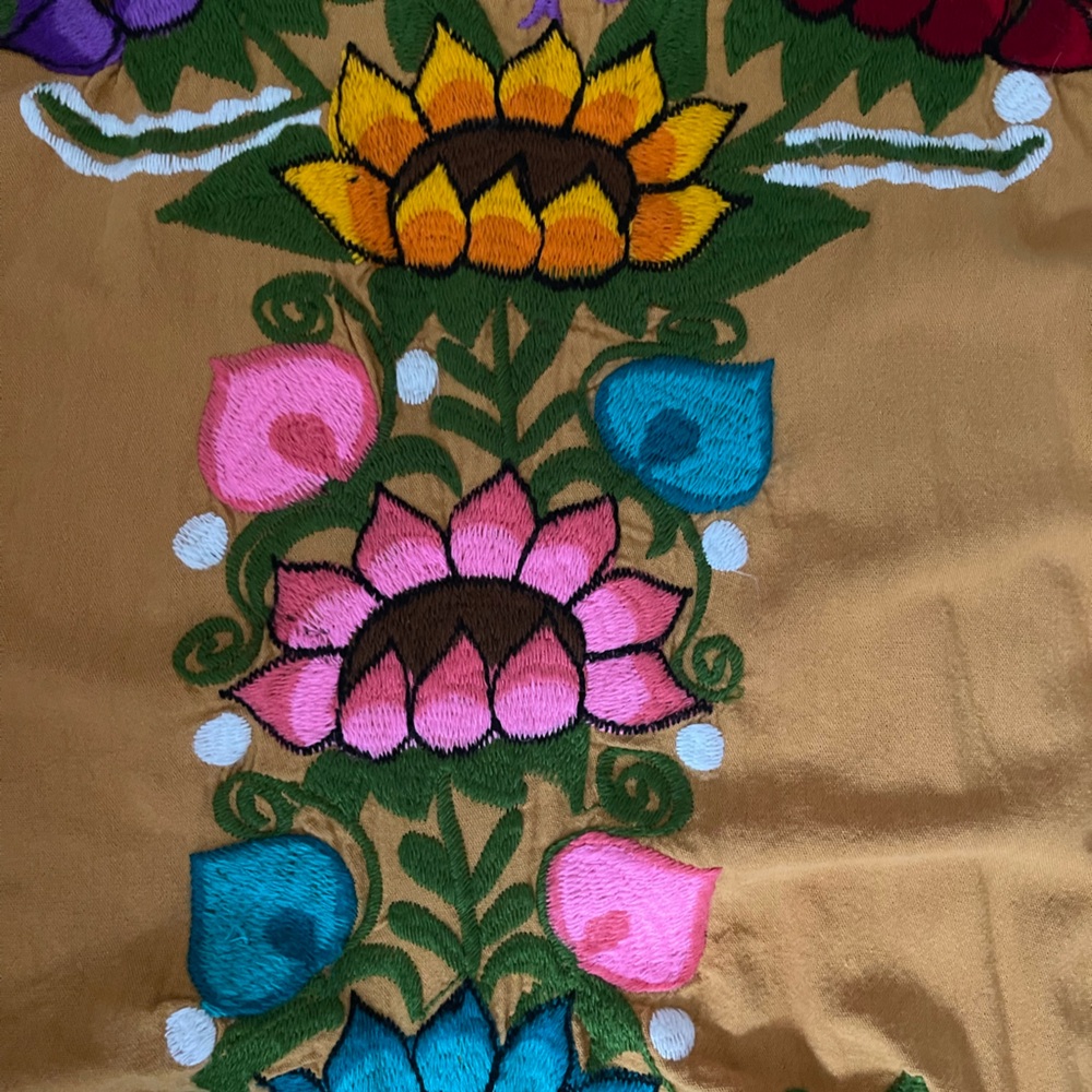 Mexican Embroidered Floral Tank Dress in Mustard with Multicolor Bloom - Picture 6 of 8